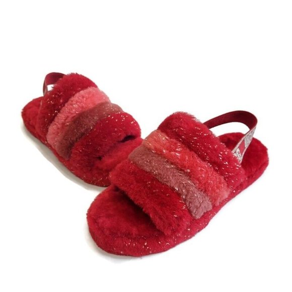 UGG Womens Size 6 Fluff Yeah Metallic Sparkle Slide Backstrap Slippers Red Multi - Picture 4 of 8